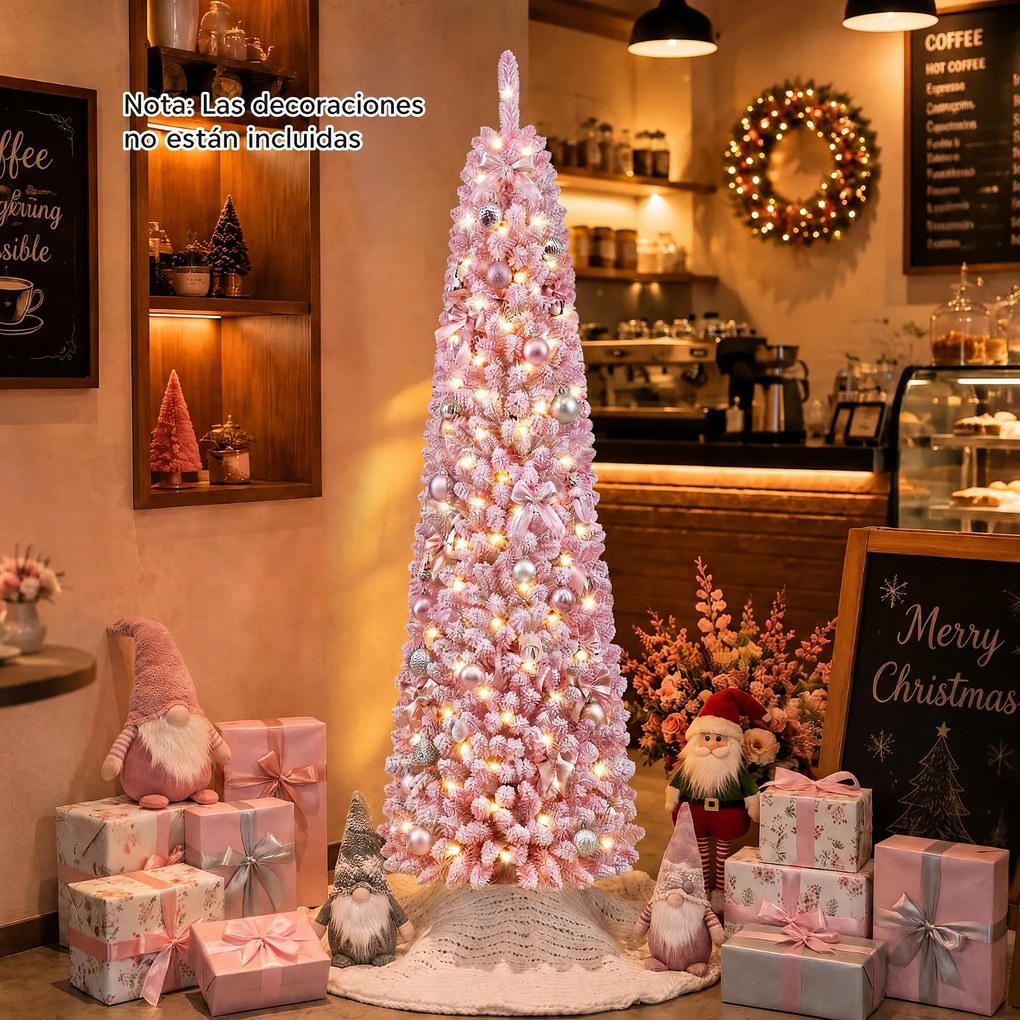 Árvore de Natal Artificial Tipo Lápis, 45 x 45 x 180 cm, Luzes LED Integradas, Rosa