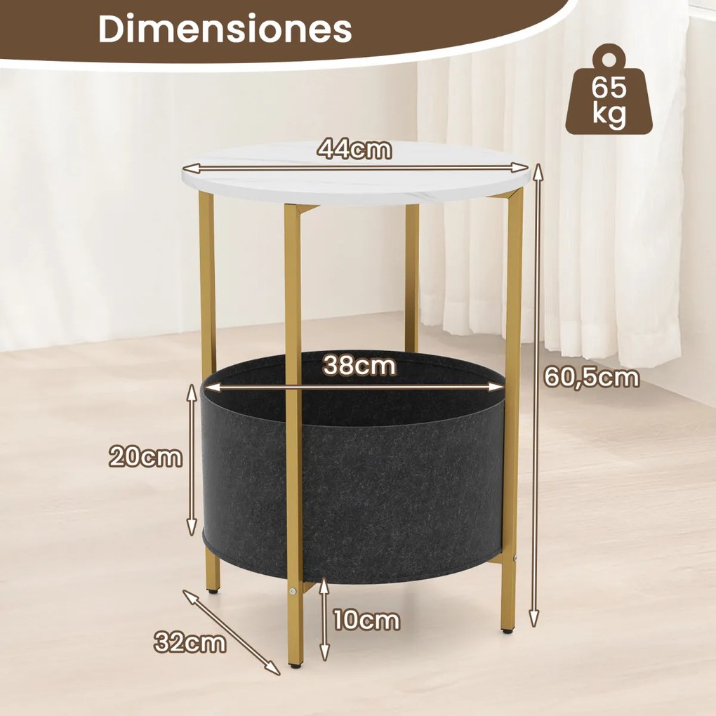 Mesa de apoio redonda 44 x 61 cm para espaços pequenos de 2 níveis com cesto de tecido Estrutura metálica Branca