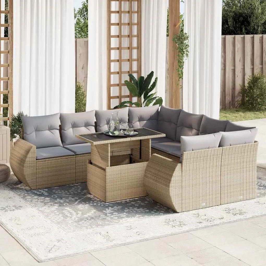 9 pcs conjunto de sofás p/ jardim com almofadões vime PE bege