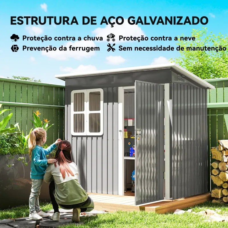 Abrigo de Jardim Exterior 2,55 m² 221x133x190 cm com Janela Porta com Fechadura e Ventilações Cinzento Escuro