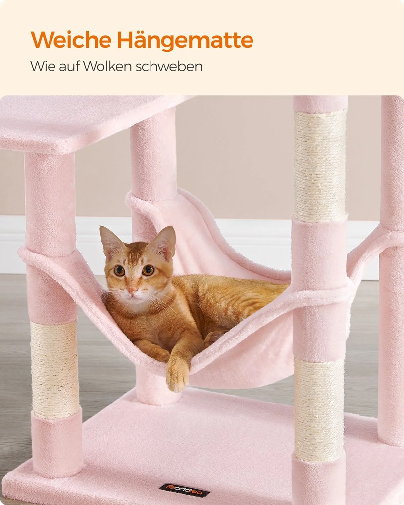 Arranhador Gatos para arranhar com 143 cm de altura com 2 plataformas e rede cor-de-rosa pastel