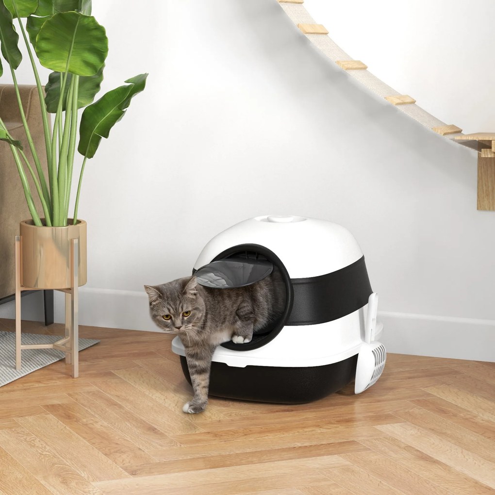 Caixa de areia para gatos dobrável com porta de batente e claraboia + pá incluída, preto e branco