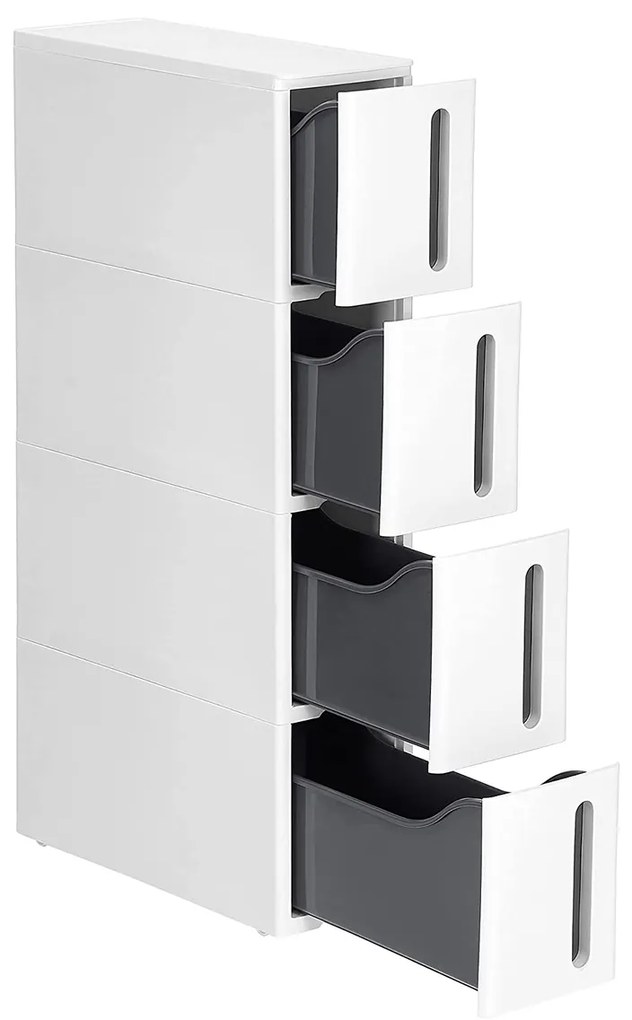 Gavetas de plástico SONGMICS, carrinho estreito com rodas, torre de armazenamento com 4 gavetas para banheiro e cozinha, economiza espaço, 45 x 17 x 83 cm, branco e cinza KFR008G01