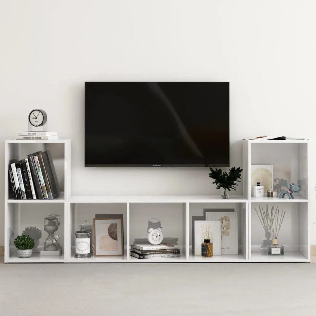 vidaXL 3 pcs conjunto de móveis de TV contraplacado branco brilhante