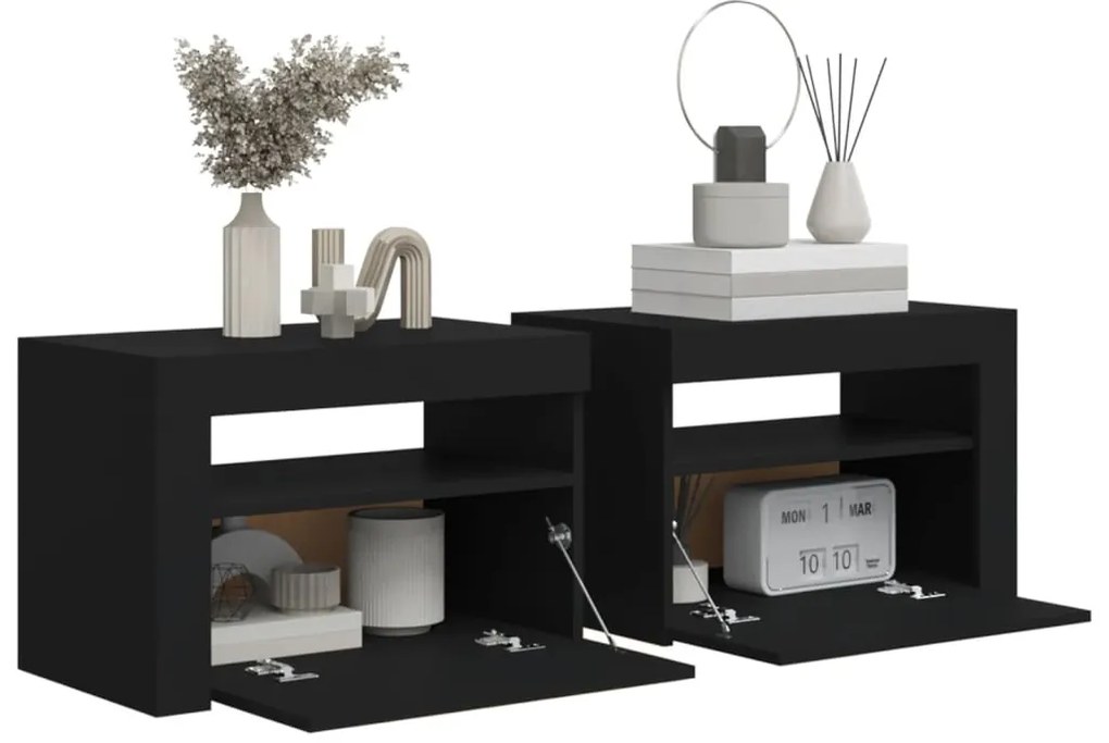 Mesas cabeceira c/ luzes LED 2 pcs 60x35x40 cm preto