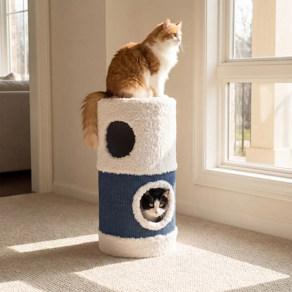 Casa-árvore para gatos de 2 andares em forma de patinho 35 x 66 cm (Diâmetro x AL), tapete de sisal para arranhar, caverna escondida, barril, brinqued