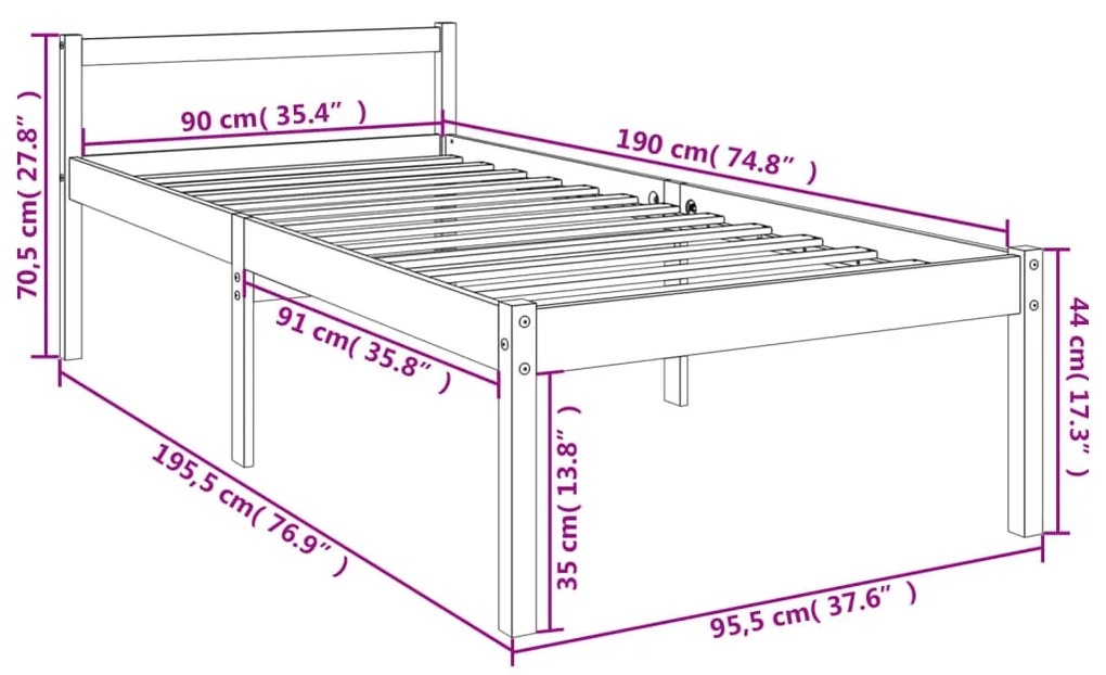 Cama de solteiro p/ idosos 90x190 cm pinho maciço branco