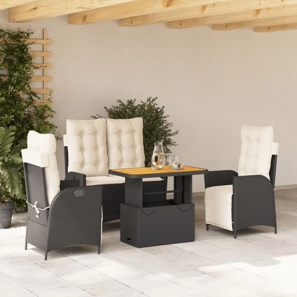 4 pcs conjunto de jardim p/ jardim c/ almofadões vime PE preto