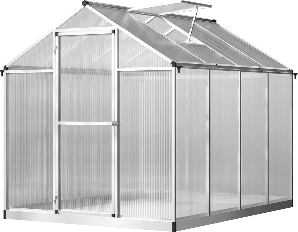 Estufa de jardim em alumínio e policarbonato, 4,6 m², dimensões: 2,42 m (L) x 1,9 m (P) x 1,95 m (A), claraboia, porta com fecho cinzento, transparent