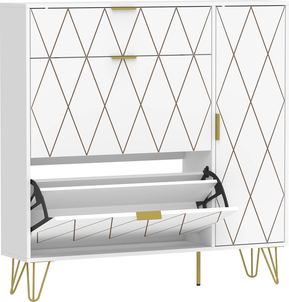 HOMCOM Sapateira Estreita com 2 Compartimentos Abatíveis Armário e Prateleiras Ajustáveis 10-14 Pares 110x25x110,6 cm Branco | Aosom Portugal