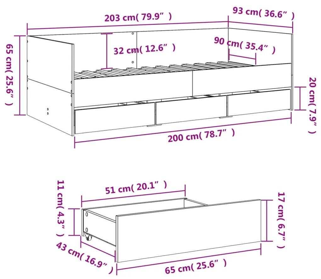 Sofá-cama com gavetas 90x200 cm derivados de madeira preto