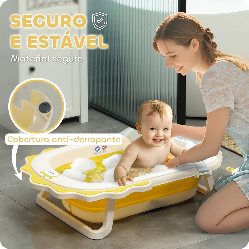 Banheira Dobrável para Bebés com Almofada e Cubo Antiderrapantes Orifício de Drenagem e Orifício para o Duche 80,5x55x20 cm Amarelo