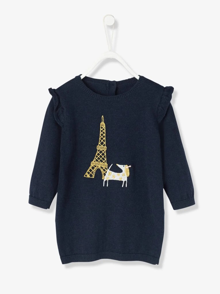 Vestido para bebé em tricot com bordado cão azul-escuro