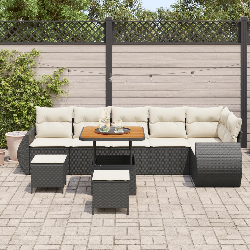 Conjunto de Sofá de Jardim com Almofadas de 9 Peças Preto Rattan Polié