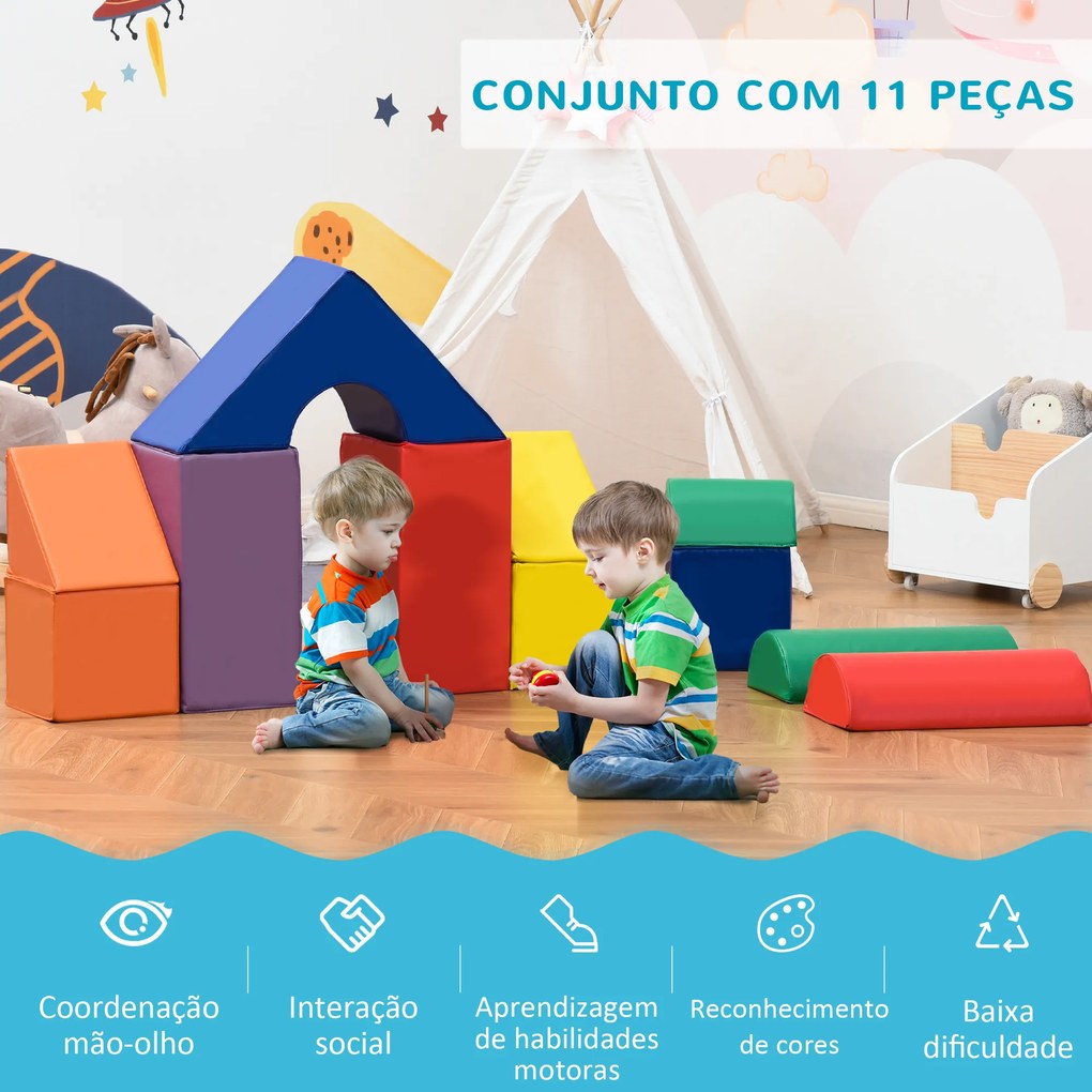 HOMCOM Conjunto de 11 Blocos de Espuma para Crianças Blocos de Contrução Brinquedo de Aprendizagem para Crianças 1-3 Anos 50x50x25 cm Multicor