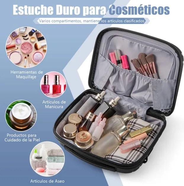Conjunto 2 Malas de Viagem: mala de mão de 20“ e estojo cosmético de 14” com porta USB. Estrutura em PP com fechadura Preta