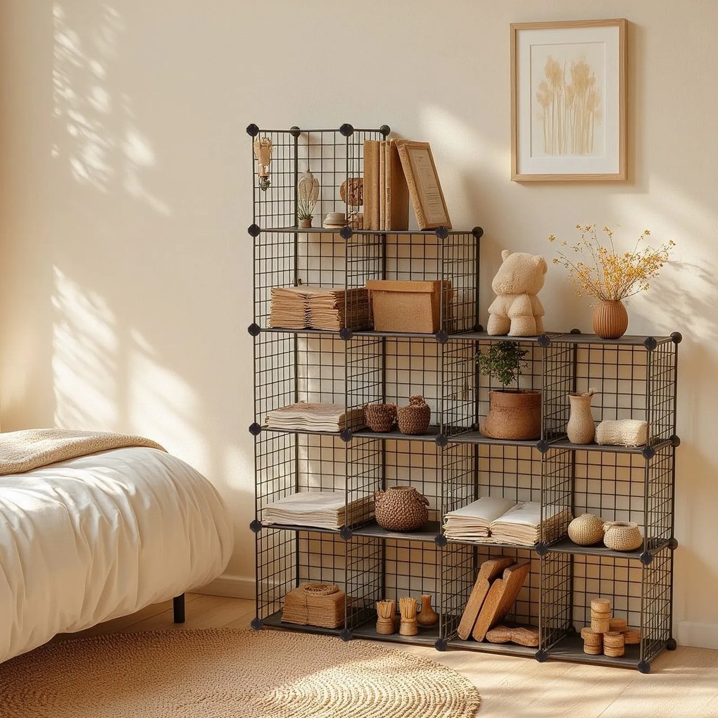 Sistema de prateleiras encaixáveis arrumação com 16 cubos de grelha 123 x 31 x 123 cm (L x P x A) Preto