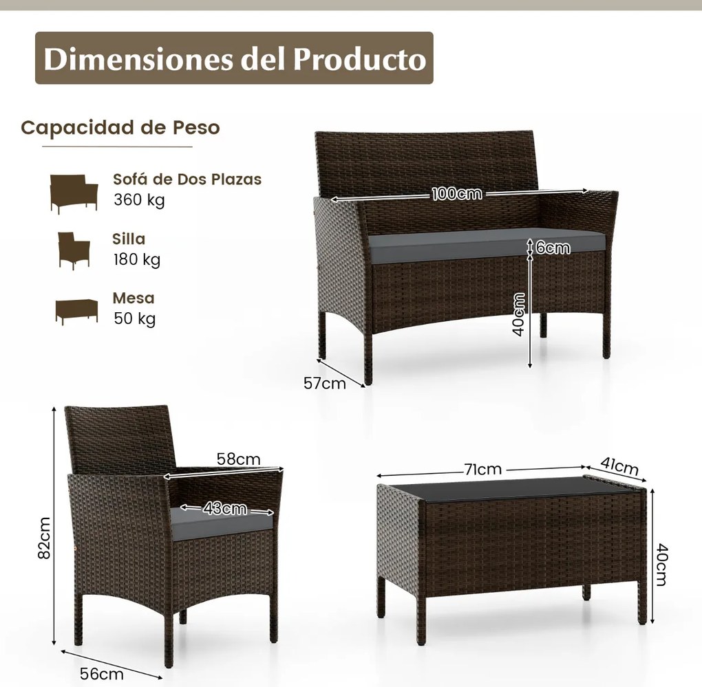 Conjunto de jardim, 4 peças: mobiliário de exterior com cadeira, sofá de 2 lugares e mesa de vidro temperado Castanho misto e almofadas Cinzentas