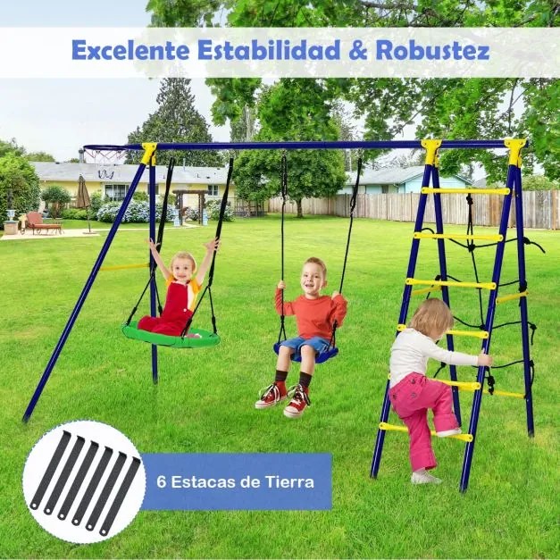 Conjunto de baloiço de jardim para crianças 5 em 1 com cesto de basquetebol Rede de trepar Estrutura metálica para parque de jardim295 x 138 x 176,5 c