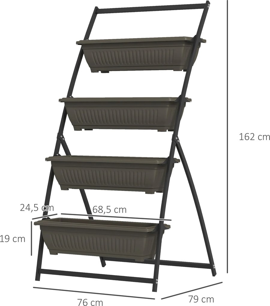 Prateleira para flores em aço com 4 níveis 76 x 79 x 162 cm, suporte vertical para plantas com 4 vasos e orifícios de drenagem, castanho