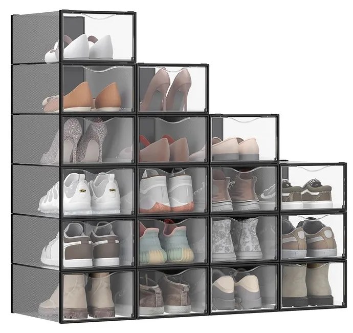 Conjunto de 18 caixas de plástico para sapatos (até tamanho 43) 33,2 x 23 x 14,5 cm Preto + Transparente