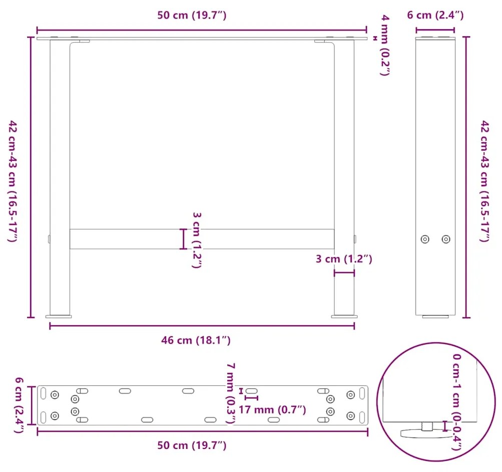 Pés para mesa de centro antracite 2 peças 50x(42-43) cm aço