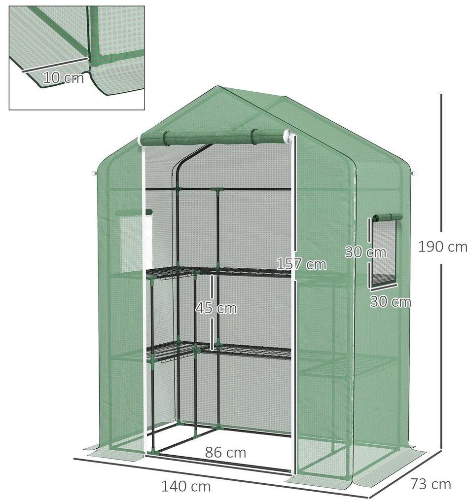 Estufa de Jardim Estufa com 1 Porta 2 Janelas e Prateleiras de 2 Nívei
