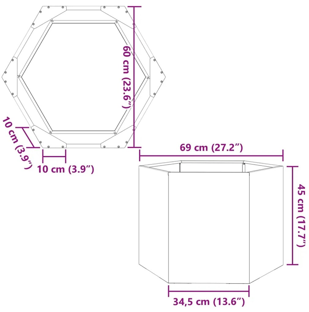 Vaso/floreira de jardim hexagonal 69x60x45cm aço verde azeitona