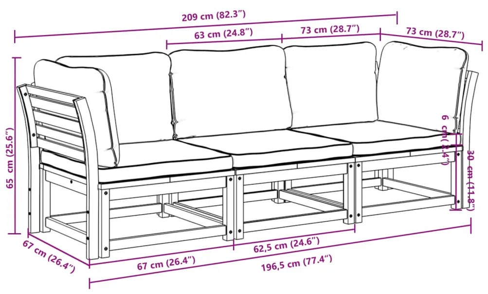 3 pcs conjunto lounge de jardim c/ almofadões acácia maciça