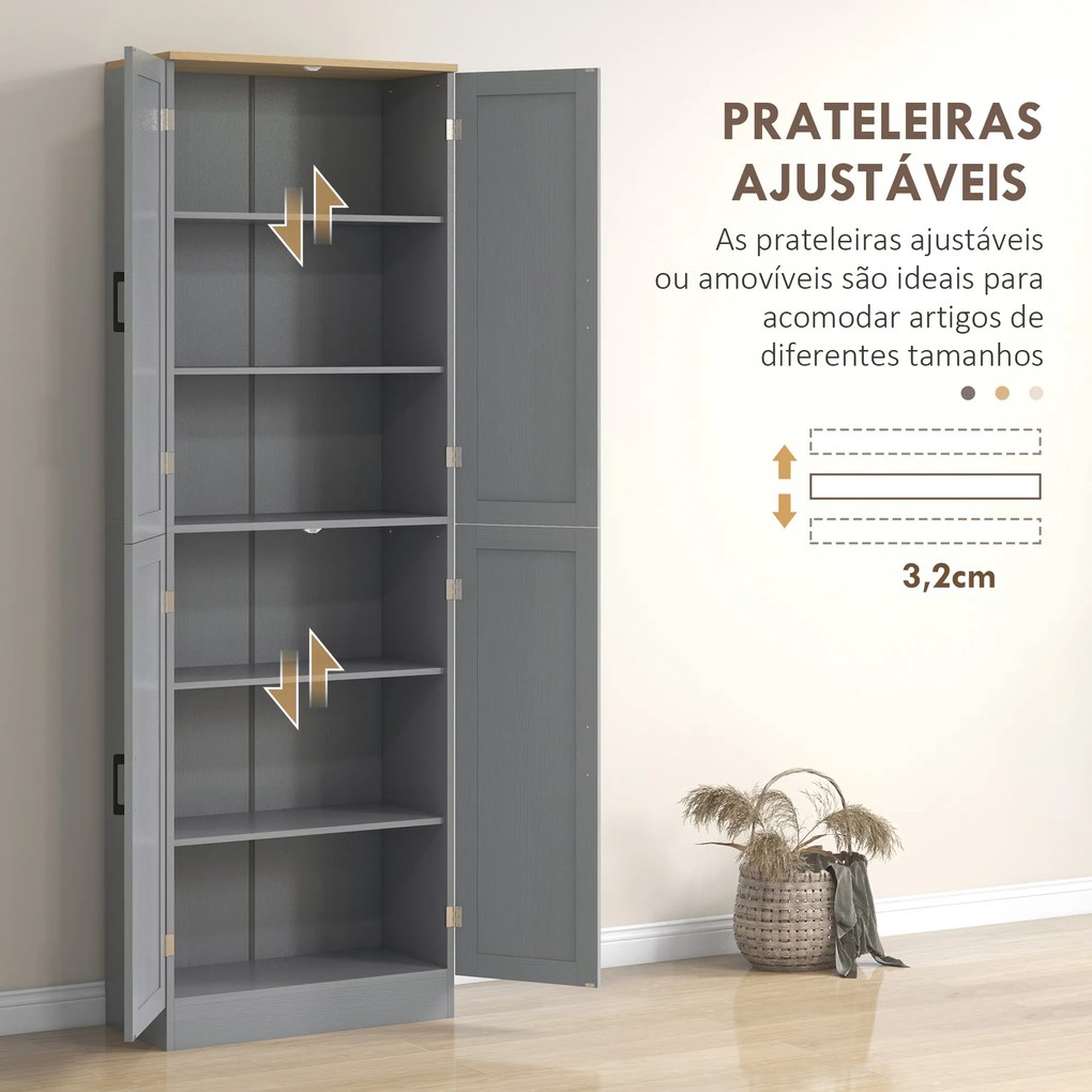 Armário de Cozinha com 4 Portas e Prateleiras Ajustáveis Anti-Tombo 60x30x171 cm Cinzento
