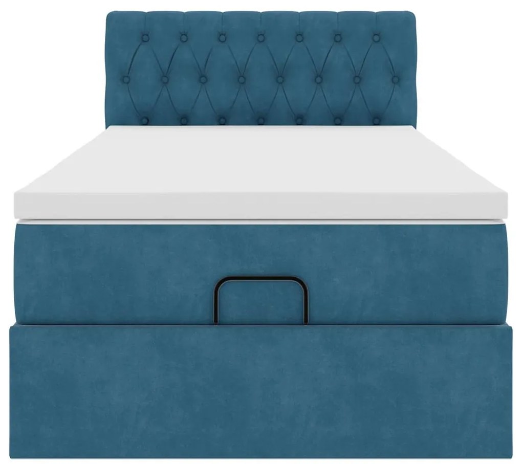 Estrutura cama otomana com colchão azul escuro 90x190cm veludo