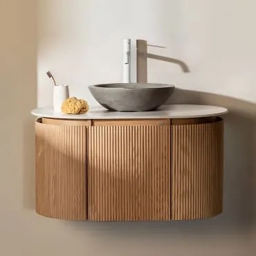 Conjunto De Móvel De Casa De Banho Suspenso 90x50 Cm Em Madeira Carsone Madeira Natural & Sem Unidade Auxiliar & Cimento Cinzento Redondo - Sklum