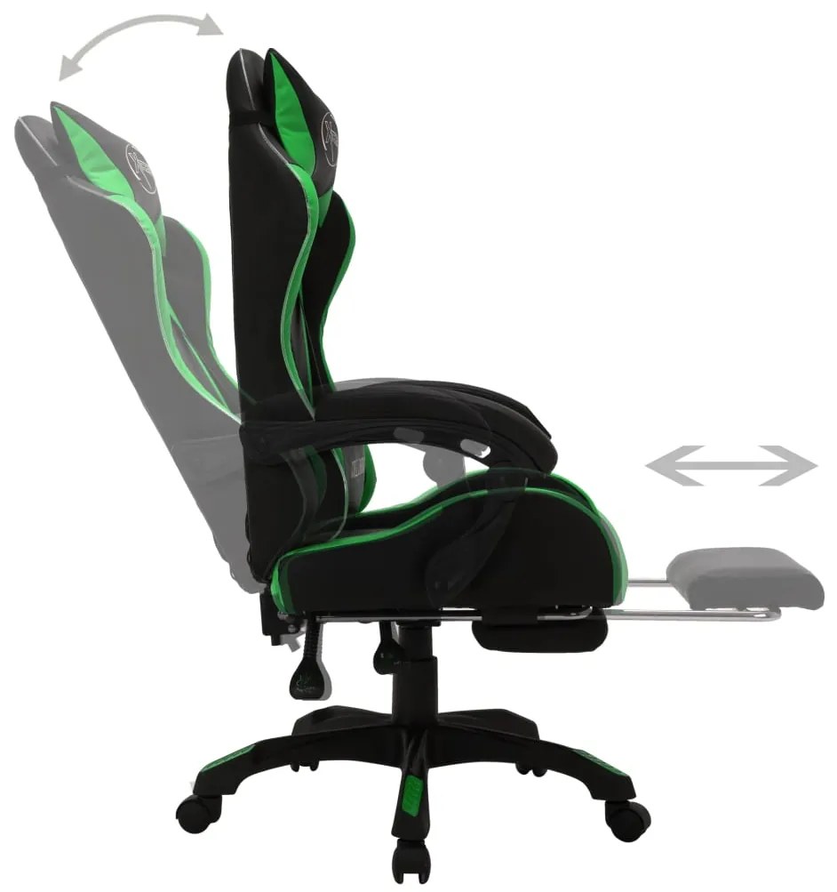 Cadeira estilo corrida luzes LED RGB couro artif. verde/preto