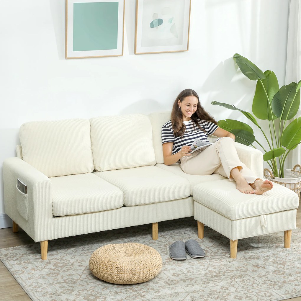 Sofá de 3 lugares 192 x 138 x 85 cm com apoio para os pés, sofá em veludo canelado, assento e encosto almofadados, bege