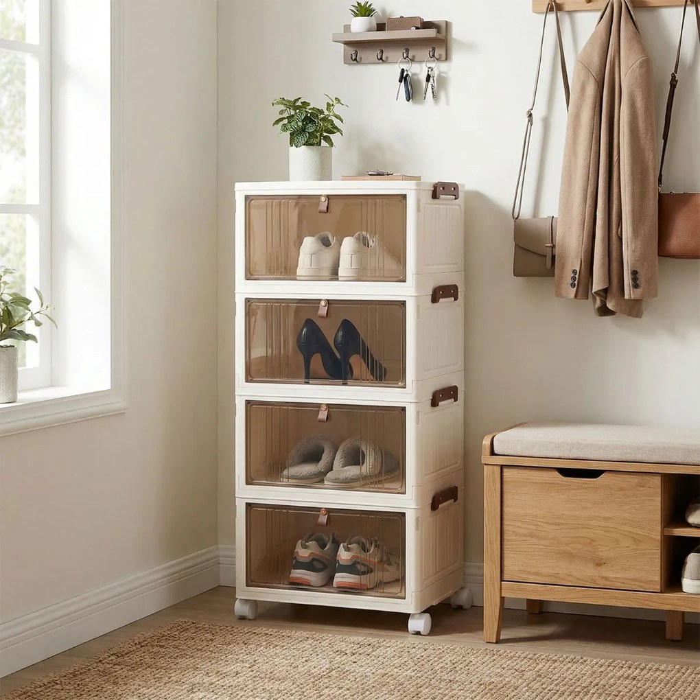 Caixa para sapatos dobrável de 4 níveis 39 × 27 × 85 cm, empilhável, com tampa, portas e rodas bloqueáveis, em plástico, para armário na entrada, sala