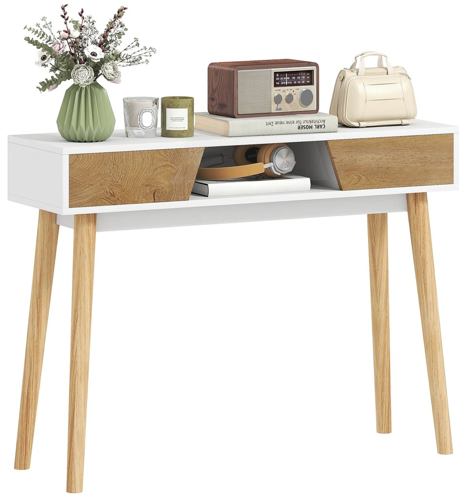 HOMCOM Mesa de Consola Estreita Consola de Entrada Mesa Consola Moderna com 2 Gavetas Compartimento e Pés de Madeira para Corredor Entrada Sala de Estar Dormitório 100x30x75 cm Branco