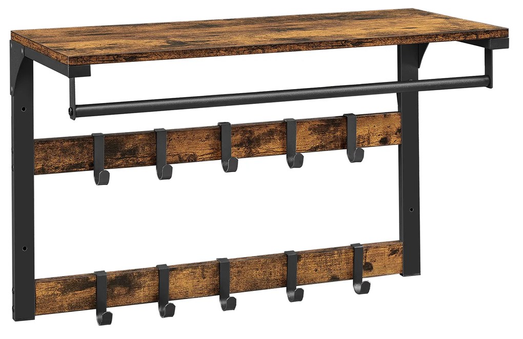 Cabideiro de parede com prateleira superior e ganchos removíveis | VASAGLE | 65 x 30 x 42 cm | preto|retrô | LCR101B01.