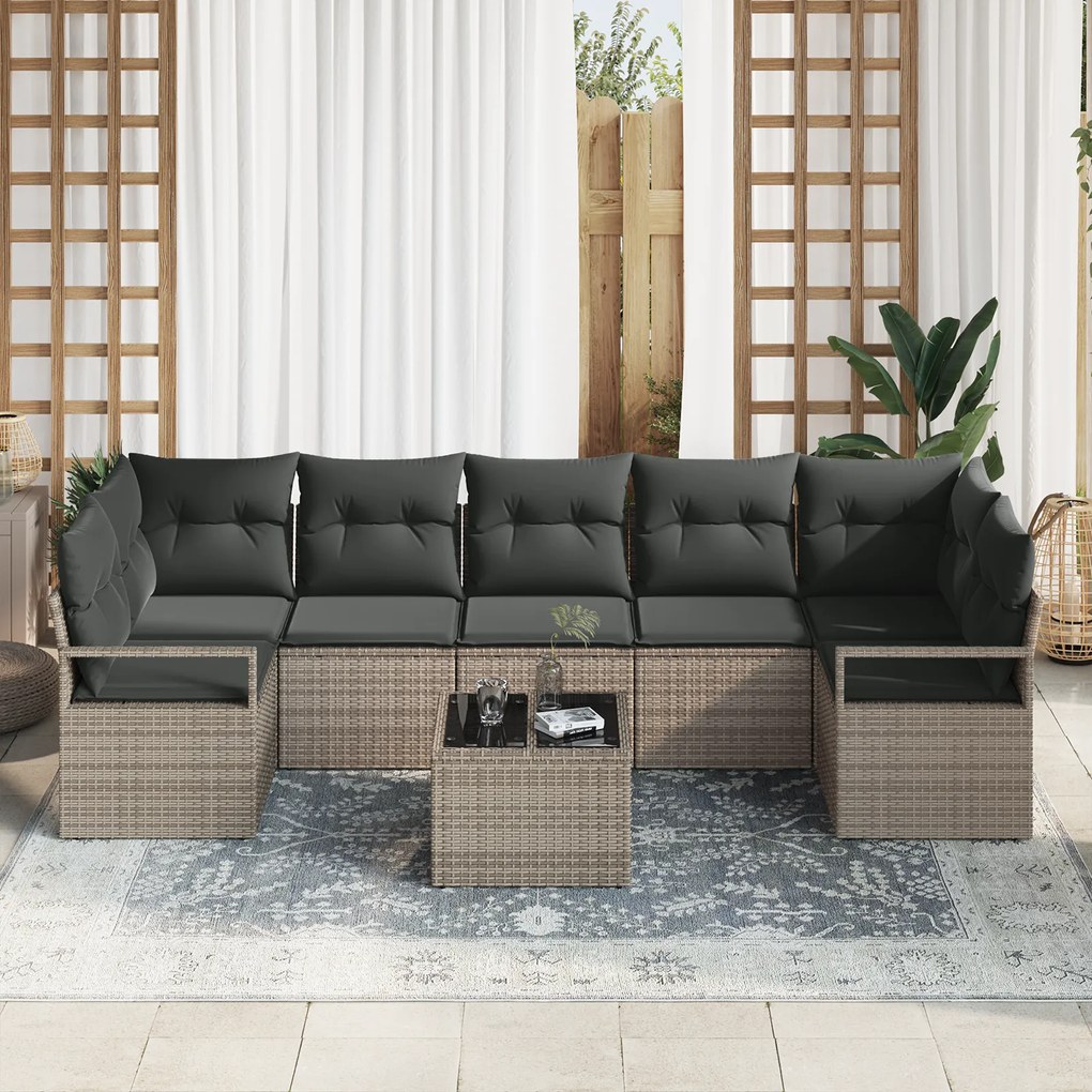 Conjunto de Sofá de Jardim de 8 Peças com Almofadas Cinza Polirattan