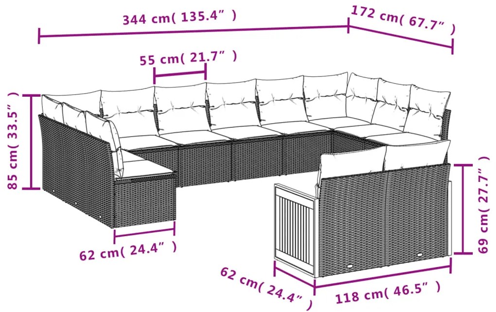 12 pcs conjunto de sofás jardim c/ almofadões vime PE cinzento