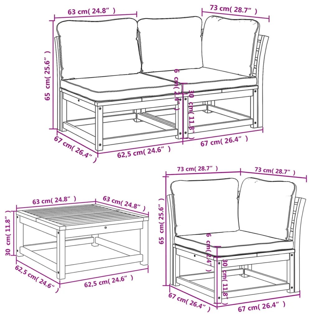 6 pcs conjunto lounge jardim c/almofadões madeira maciça acácia