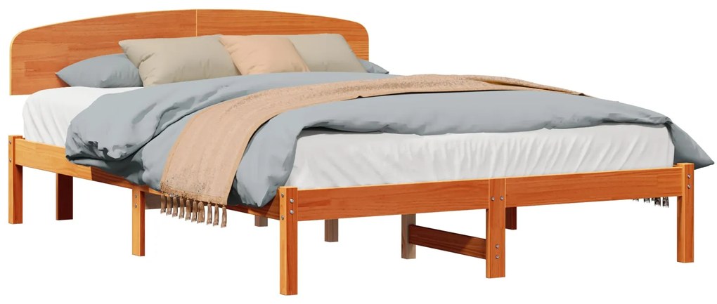 Estrado de Cama com Cabeceira Castanho Encerado 140x200 cm Madeira Sól
