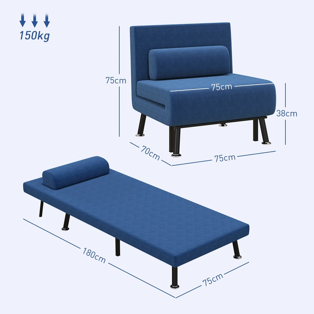 Sofá Cama Individual Dobrável com Encosto Ajustável em 5 Níveis Almofada e Estofado em Linho Sintético 75x70x75 cm Azul