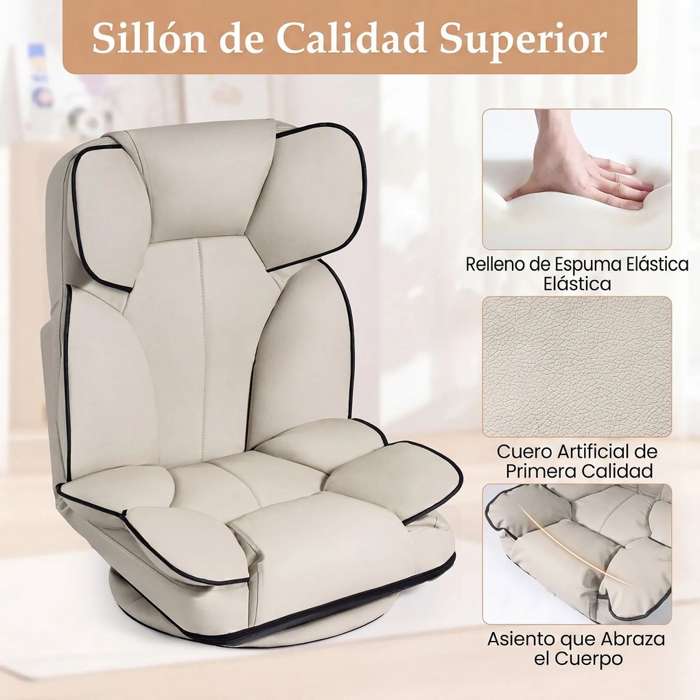 Cadeira de Chão Giratória, 55 x 55-117 x 20-76 cm, Encosto Reclinável de 90 a 180 Graus, Bege