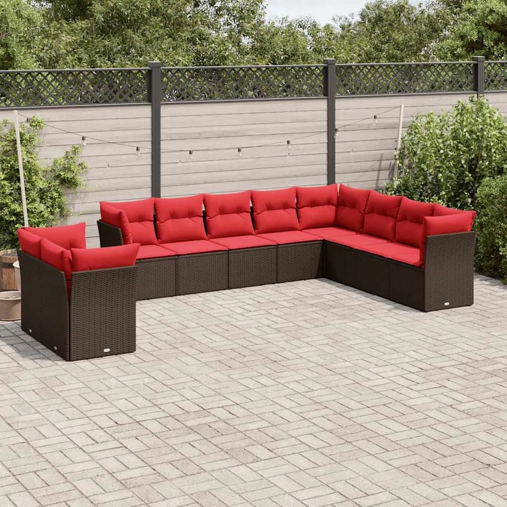 vidaXL 10 pcs conj. sofás jardim com almofadões vime PE castanho