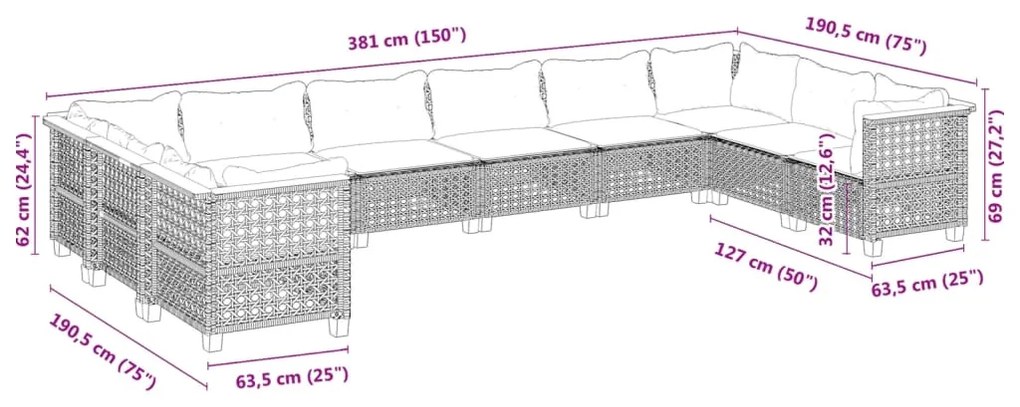 10 pcs conjunto sofás de jardim c/ almofadões vime PE preto