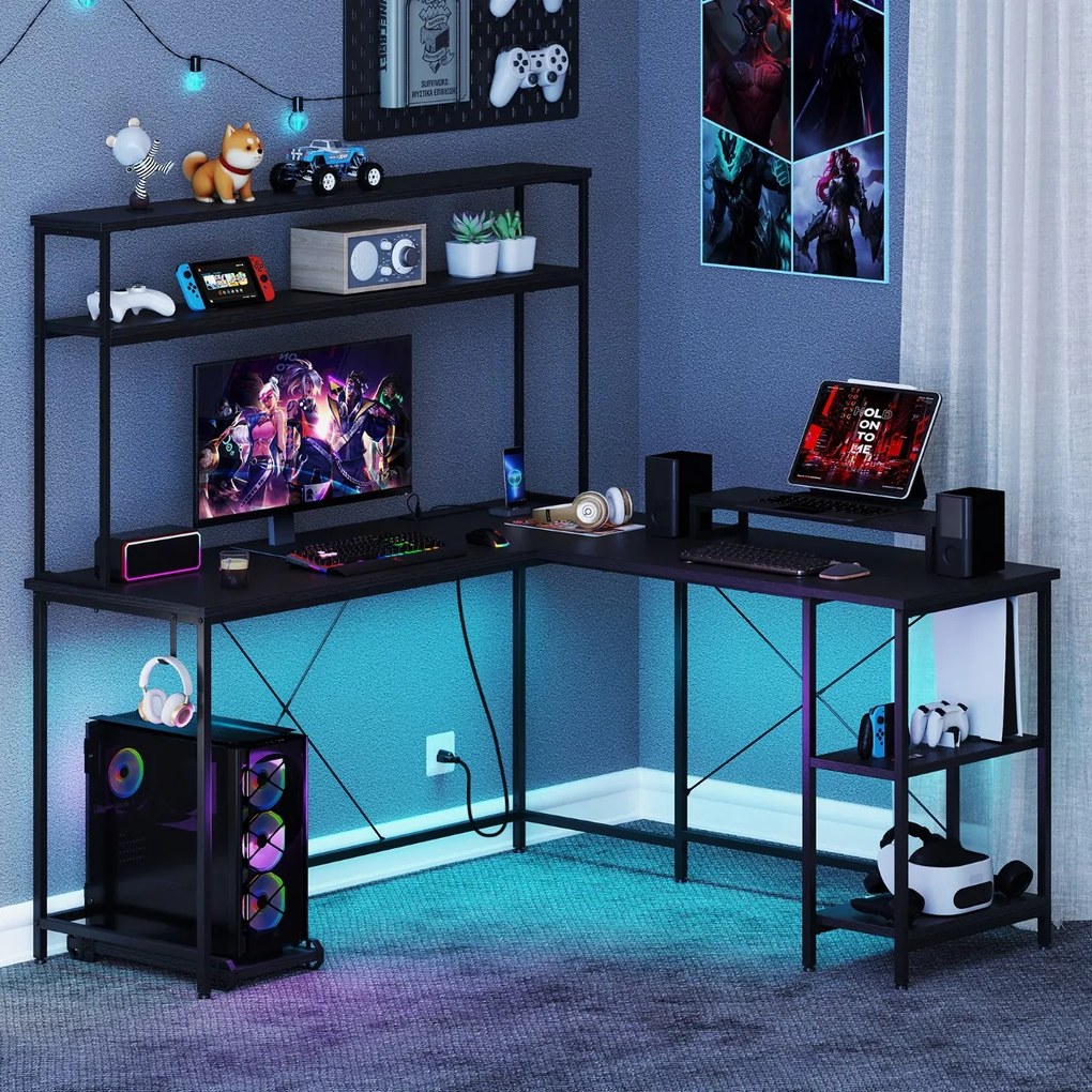 Secretária 145 x 145 x 147 cm em forma de L convertível com tomadas e portas USB e iluminação inteligente preta