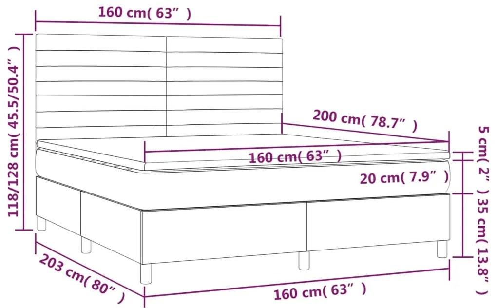 Cama box spring c/ colchão/LED 160x200cm veludo cinzento-escuro