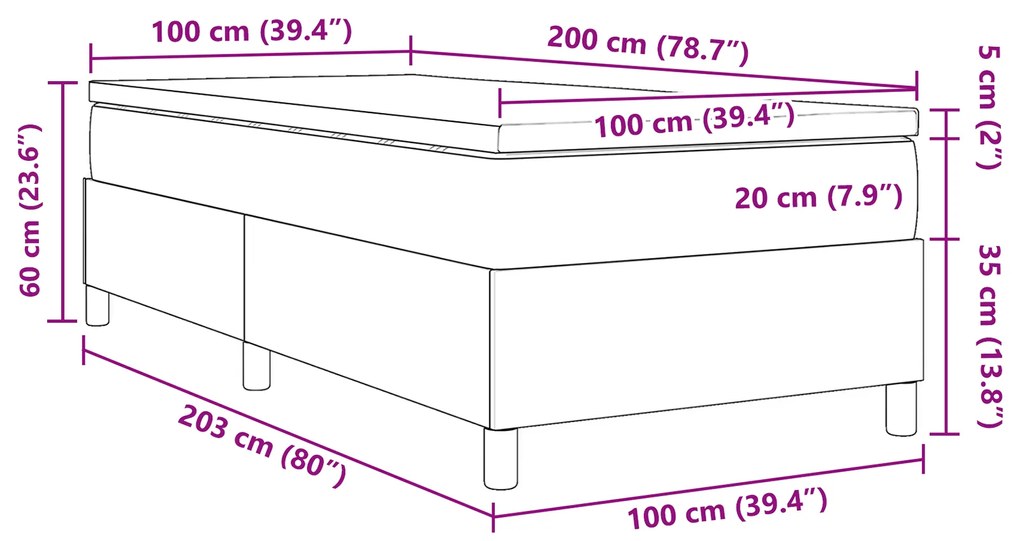 Cama Box Spring com Colchão Cinza Escuro 100 x 200 cm Tecido de Veludo