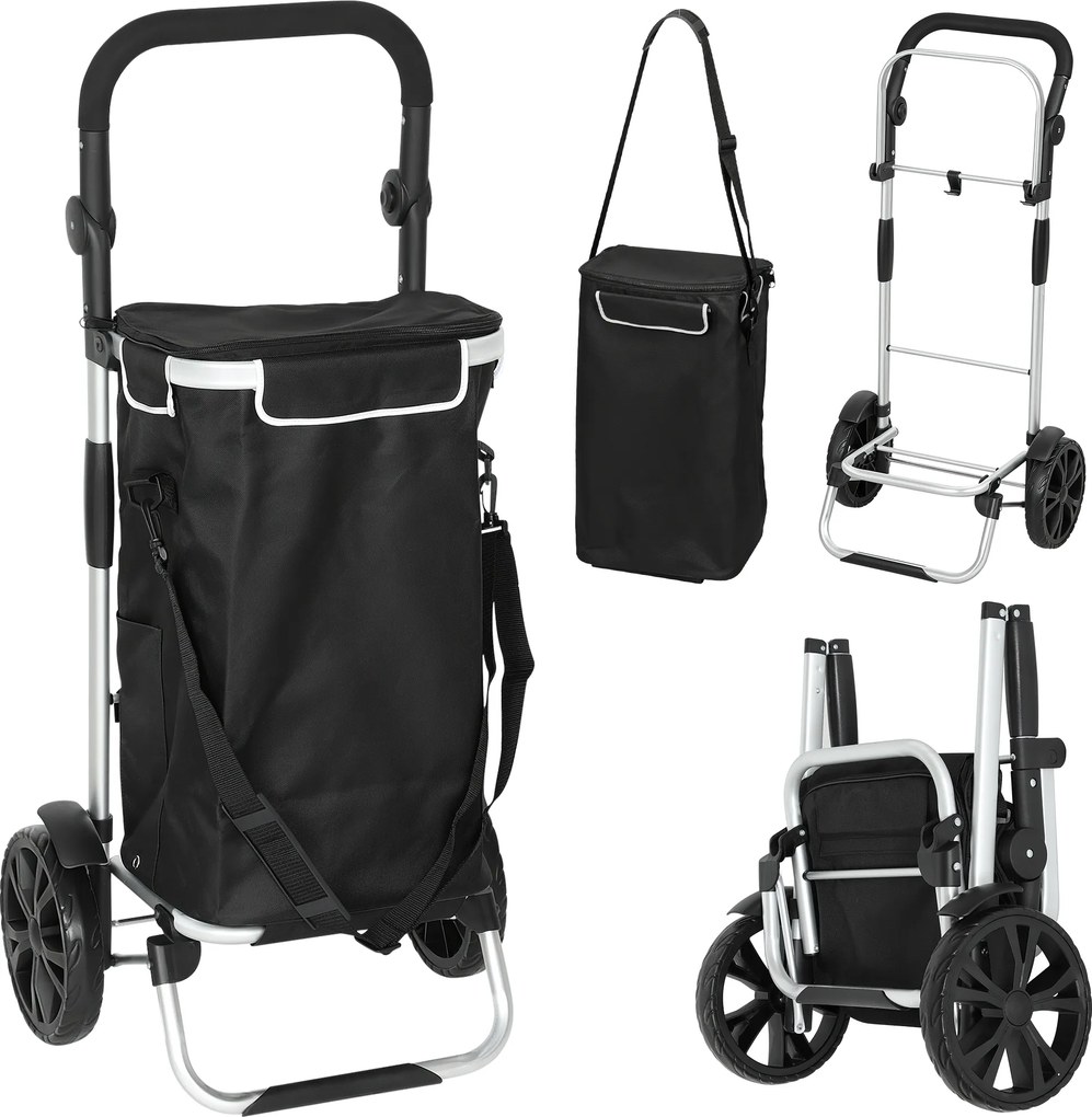 HOMCOM Carrinho de Compras Dobrável 40 L 45,5x35,5x97 cm Bolsa Isotérmica Preto | Aosom Portugal