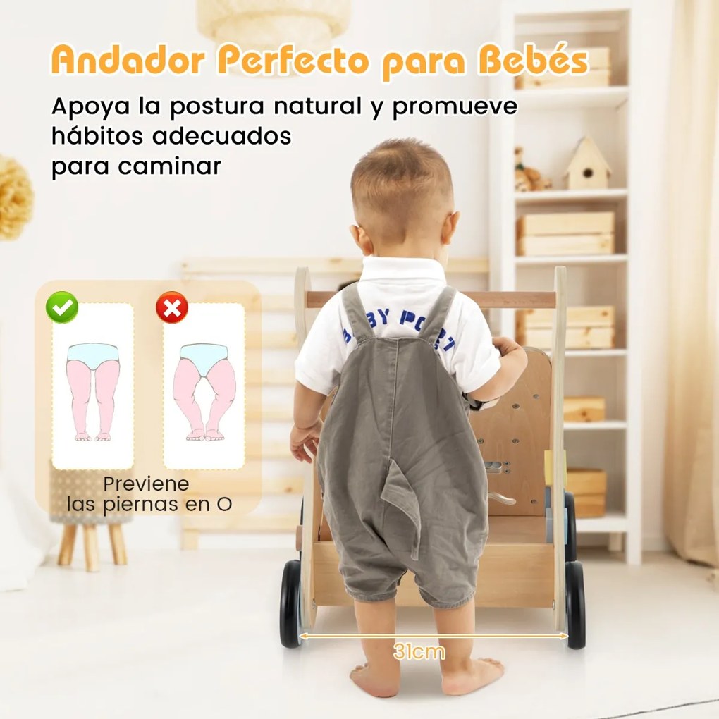 Andador de madeira para bebés com centro de aprendizagem Actividades múltiplas com arrumação 35 x 31 x 46 cm Azul